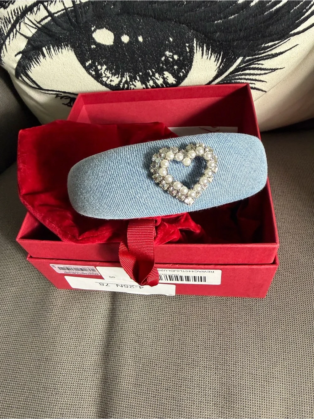 Roger Vivier Light Blue Padded Headband with Pearl and Crystal Heart